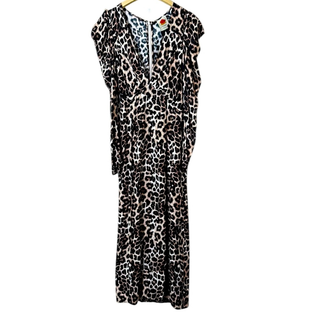 Farm Rio Natural Skin Cream Leopard Print Long Sleeve Midi Dress Size Small